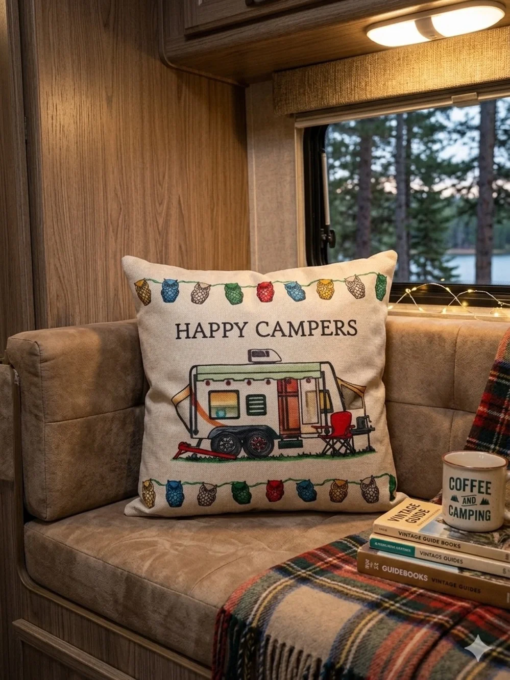 Happy Campers Decorative Throw Pillow - Beige Camper Design